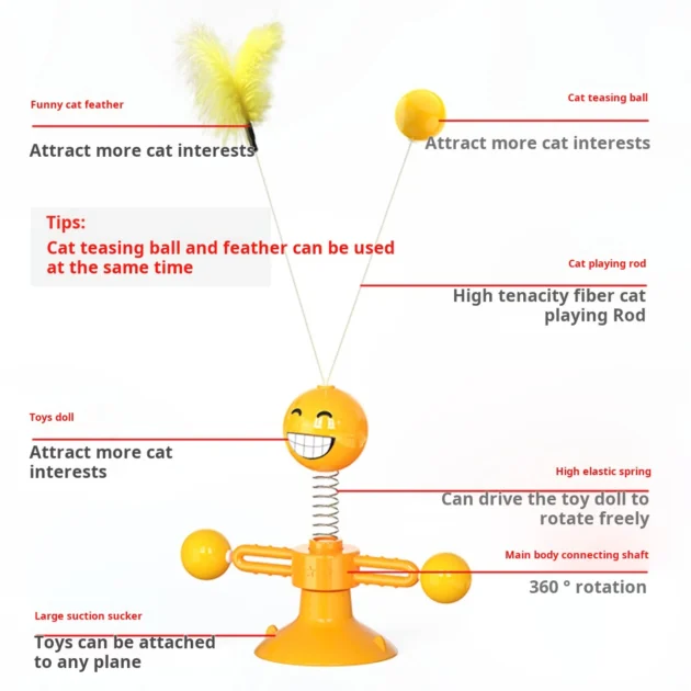 360° Spinning Cat Toy with Spring & Feathers, Food-Grade ABS, Suction Cup Base for Self-Play - Image 5