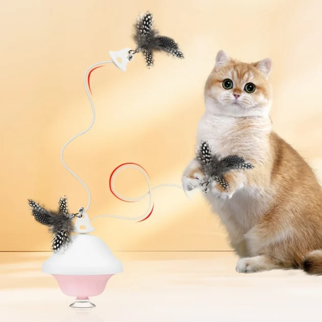 Auto Retractable Cat Toy with Feathers & Bells - Pink/Yellow, ABS Material, Nylon Rope, Suction Cup Fixation, Entertains & Exerc - Image 2
