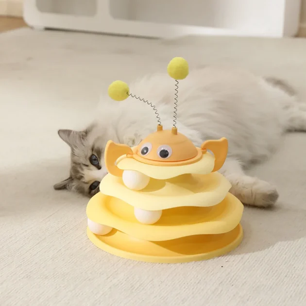 Three Layer Bee Shaped Track Amusement Disc Cat Toy with Detachable Top Swinging Teasing Ball - Clean Design - Image 2