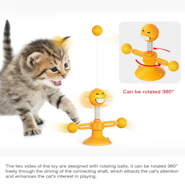 360° Spinning Cat Toy with Spring & Feathers, Food-Grade ABS, Suction Cup Base for Self-Play - Image 3