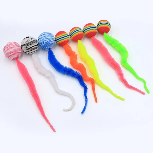 Magic Worm Bouncy Ball Cat Toy with Tail Large Colorful Fuzzy Worm Interactive Ball for Cats Entertainment - Image 2