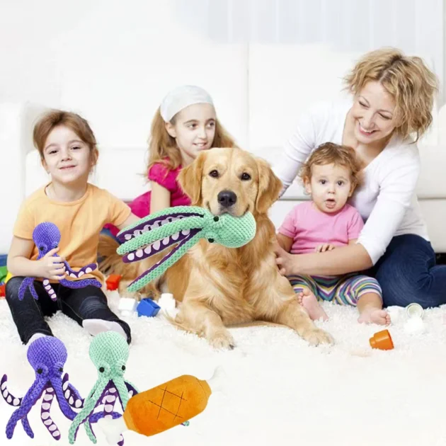 Squeaky Interactive Pet Toys - Octopus Shapes, PP Cotton Filled Bite-Resistant Fabric for Indoor/Lawn Play (32cm) - Image 4