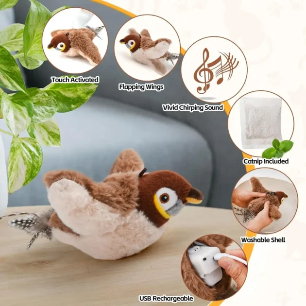 Flying Bird Cat Toy Interactive Cat Toys Rechargeable Chirping Flapping Bird(no Flying) Can Add Catnip Touch Activated Plush Toy - Image 5