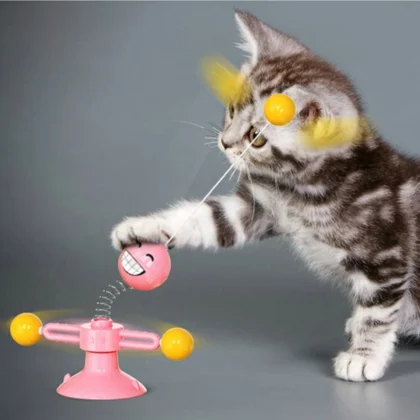 360° Spinning Cat Toy with Spring & Feathers, Food-Grade ABS, Suction Cup Base for Self-Play