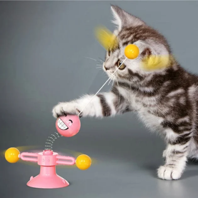 360° Spinning Cat Toy with Spring & Feathers, Food-Grade ABS, Suction Cup Base for Self-Play