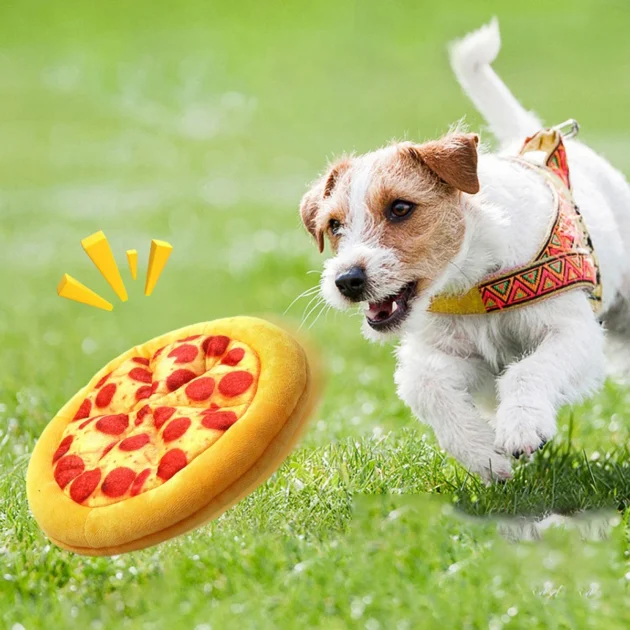Plush Pizza - shaped Dog Flying Disc Toy with Loud Paper & 6 Squeakers, Also Donut - shaped Chew Toy for Pets