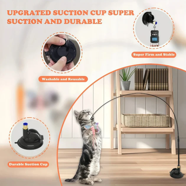Cat Teaser Toy Cat Teaser Pole With Feather Bell Extended Rod Suction Cup Durable Bite Teaser Stick Replaceable Feather Head - Image 4