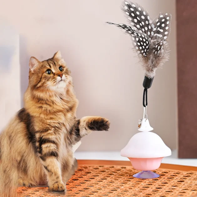 Auto Retractable Cat Toy with Feathers & Bells - Pink/Yellow, ABS Material, Nylon Rope, Suction Cup Fixation, Entertains & Exerc - Image 6