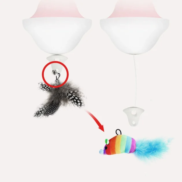 Auto Retractable Cat Toy with Feathers & Bells - Pink/Yellow, ABS Material, Nylon Rope, Suction Cup Fixation, Entertains & Exerc - Image 5