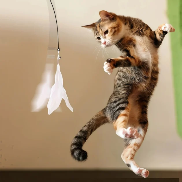 Cat Teaser Toy Cat Teaser Pole With Feather Bell Extended Rod Suction Cup Durable Bite Teaser Stick Replaceable Feather Head - Image 2