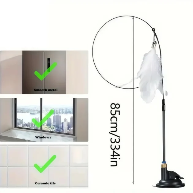 Cat Teaser Toy Cat Teaser Pole With Feather Bell Extended Rod Suction Cup Durable Bite Teaser Stick Replaceable Feather Head - Image 3
