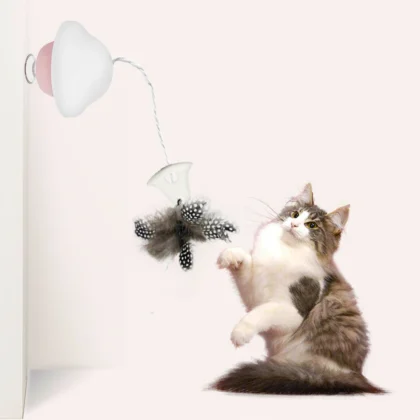 Auto Retractable Cat Toy with Feathers & Bells - Pink/Yellow, ABS Material, Nylon Rope, Suction Cup Fixation, Entertains & Exerc